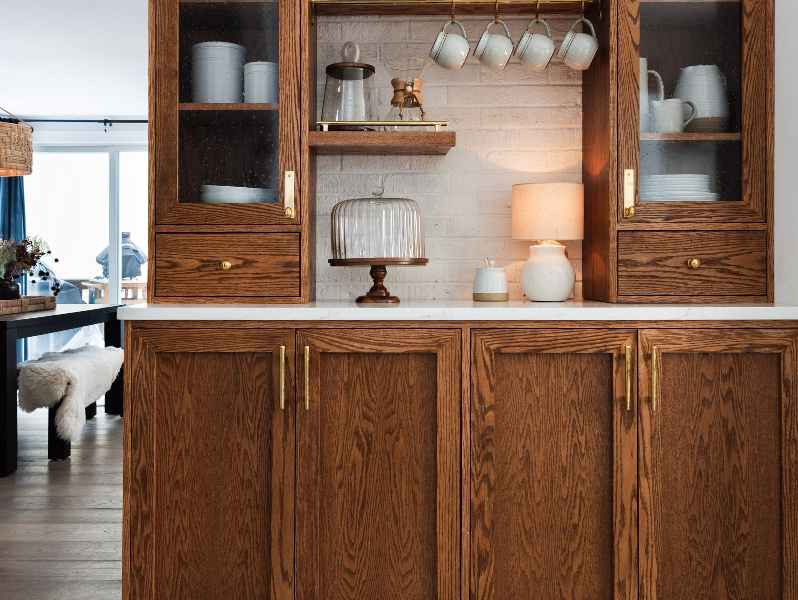 Custom oak coffee nook built in kitchen interior design project by Addison West