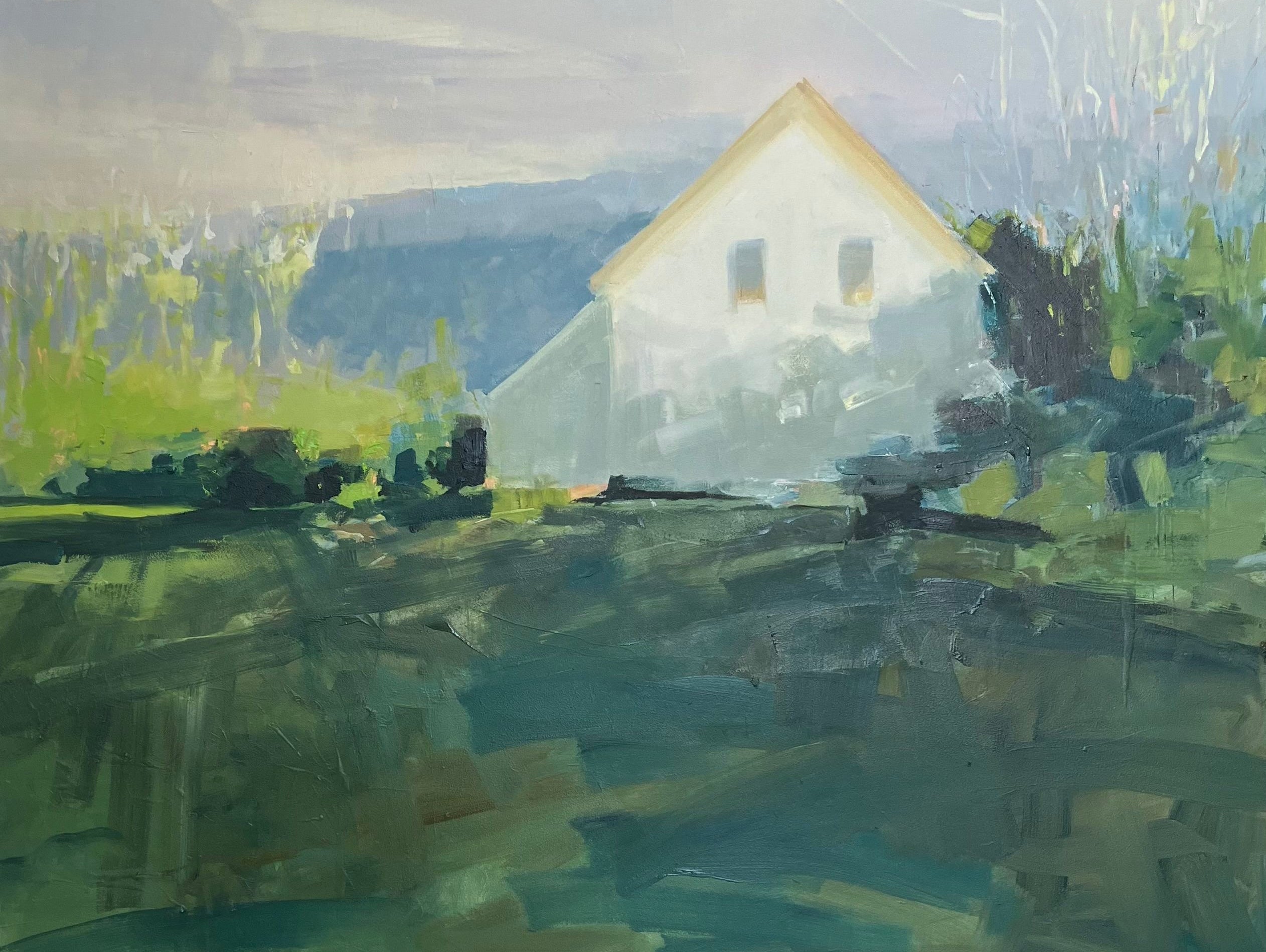 Oil on panel painting of a white house with a green foreground by artist Julia Jensen