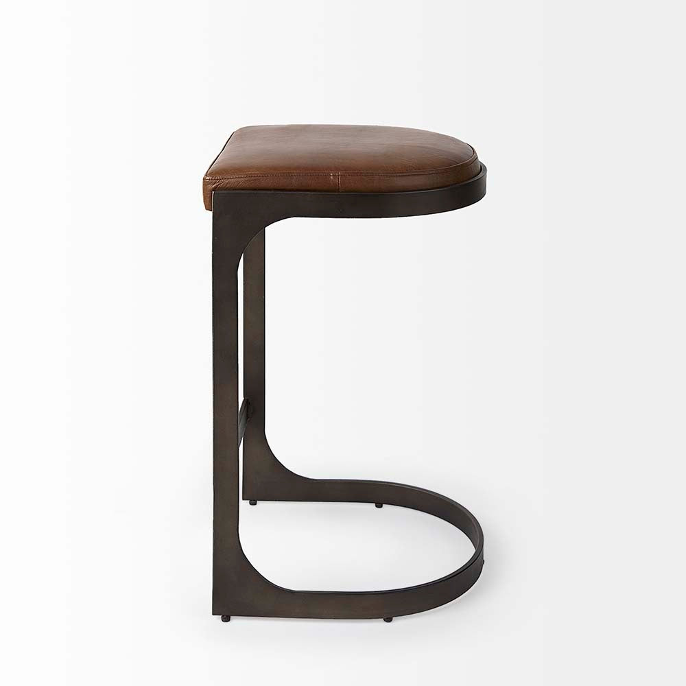 Black bar stool with iron base and U-shaped leather seat on a white background