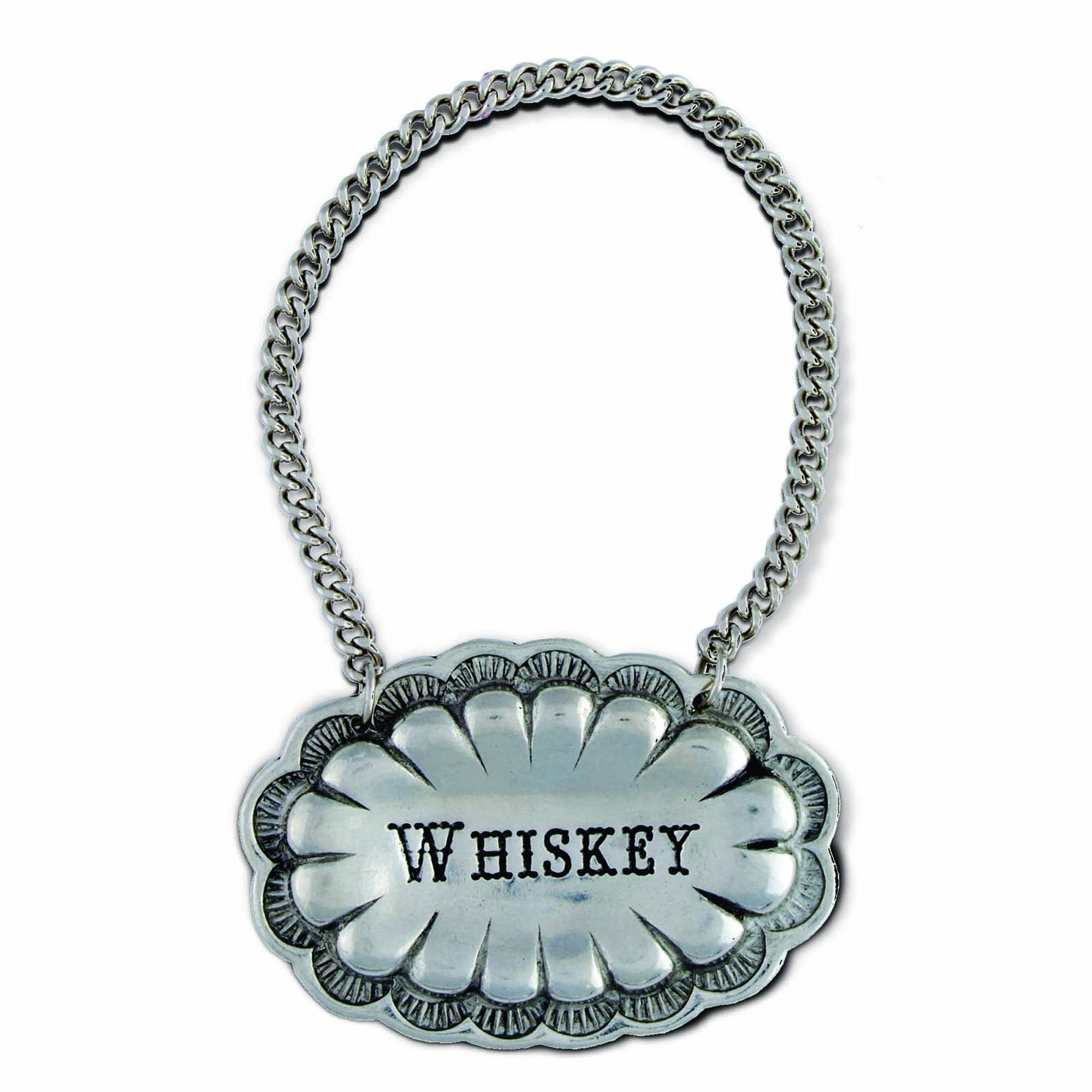 Whiskey Pewter Western Decanter Tag on a white background at Addison West