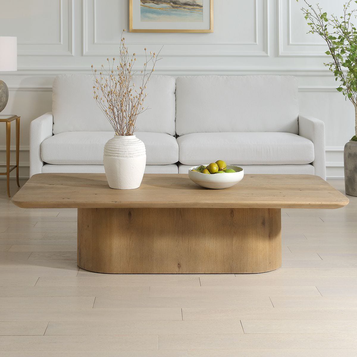 Calder Reclaimed Oak Coffee Table in a living room at Addison West