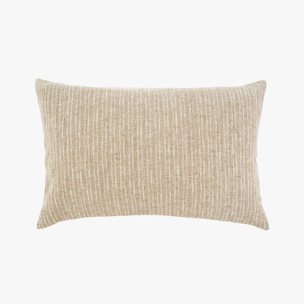 Neutral beige linen lumbar pillow with subtle white striping on a white background