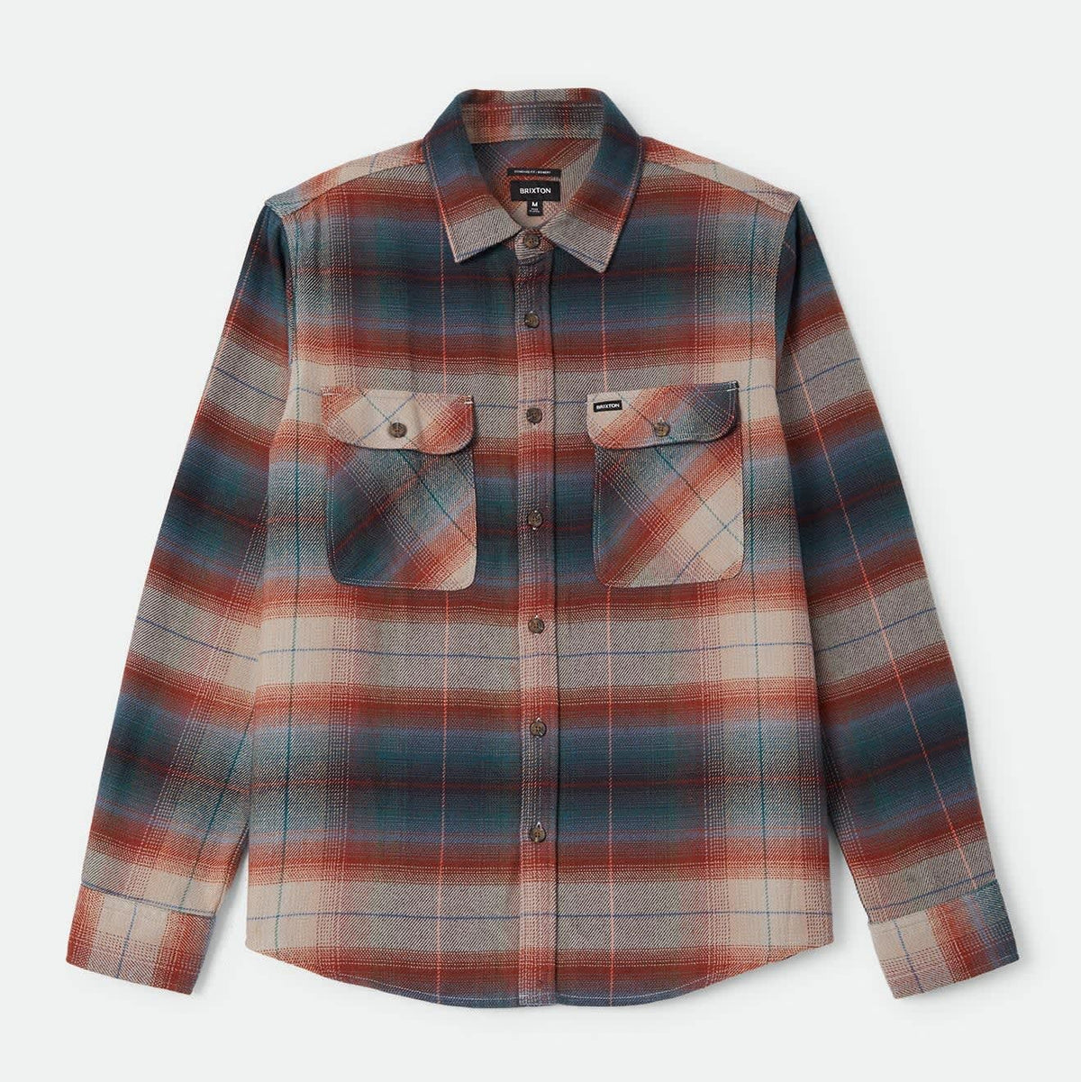 Brixton Men's Bowery Flannel in Multi Shadow on plain background.