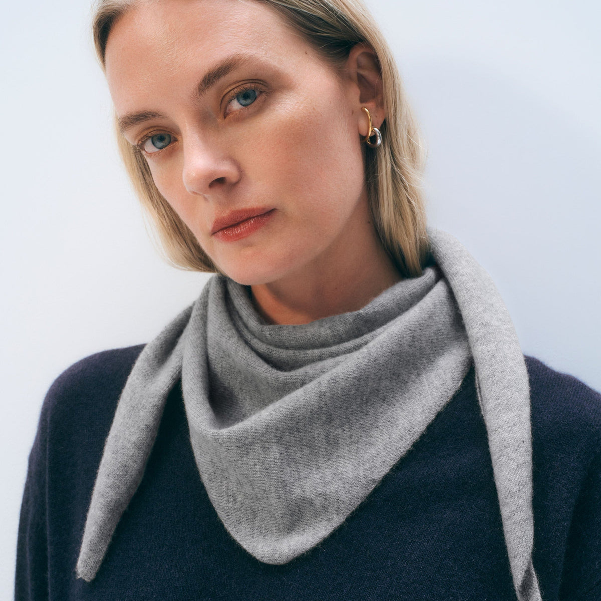 Cashmere Neckerchief in Graphite Heather on a model at Addison West