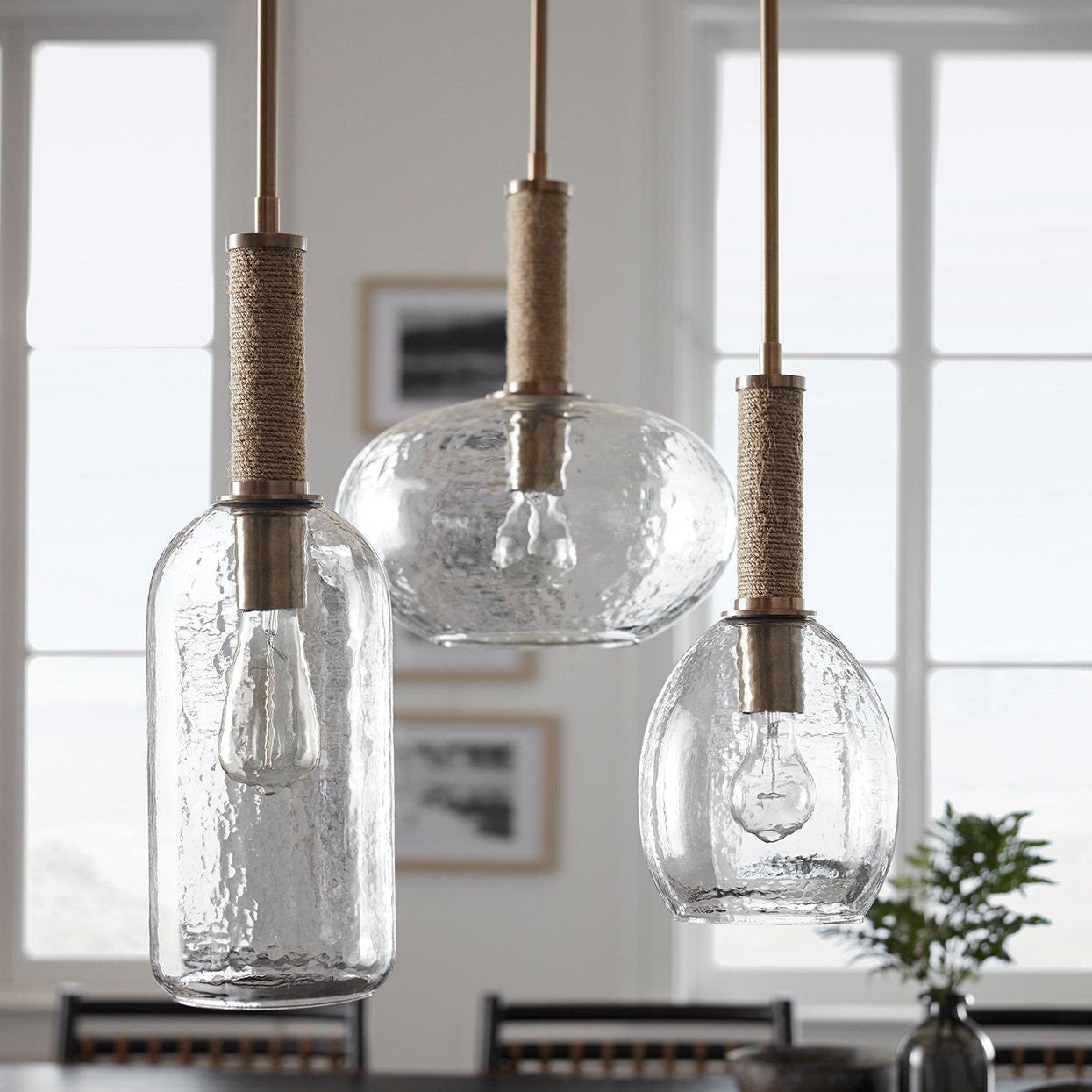 Bronson Glass Pendant, Wide, round and tall in Brass on a white background at Addison West
