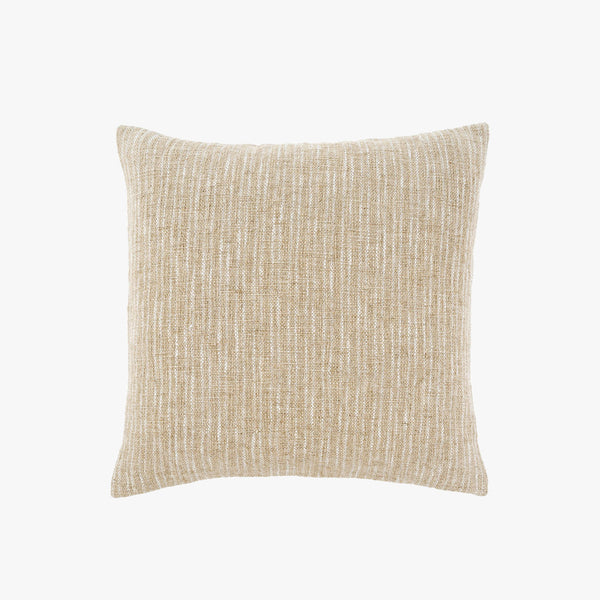 Neutral beige linen square pillow with subtle white striping on a white background