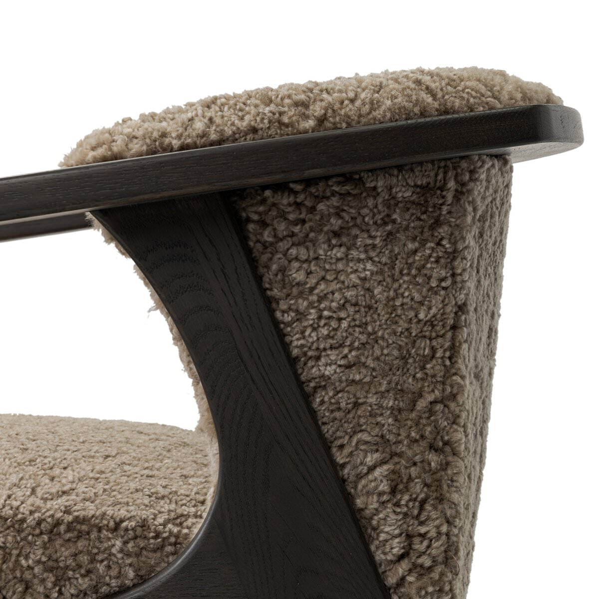 Close up of Four Hands Fabian Chair in Taupe Shearling on a white background at Addison West