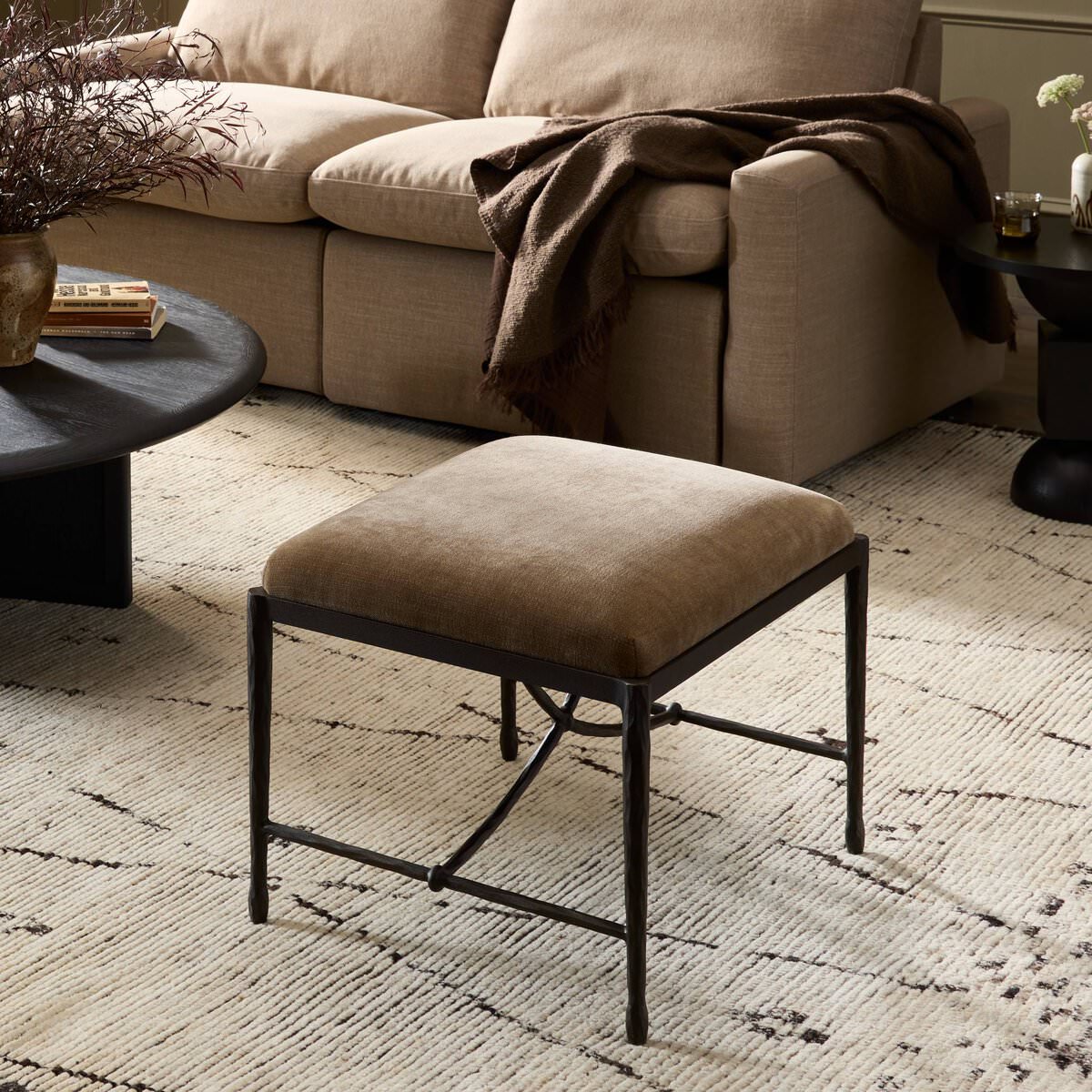 Four Hands Jade Accent Stool in Altair Mushroom in a neutral living room at Addison West