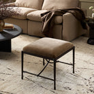 Four Hands Jade Accent Stool in Altair Mushroom in a neutral living room at Addison West