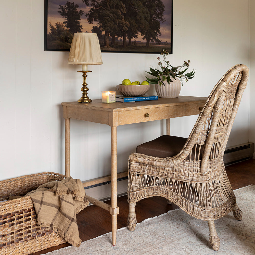 Sconset Writing Table in Limewash Finish in a white room at Addison West