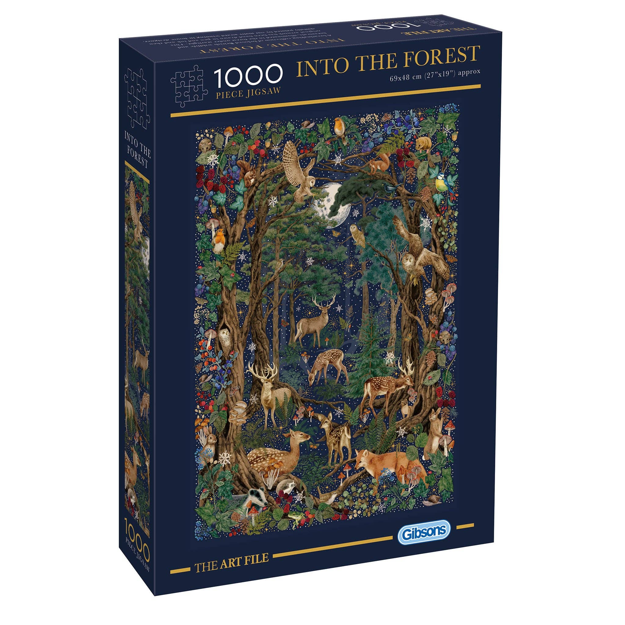 Jigsaw puzzle box titled 'Into the Forest' with forest scene illustration on a blue background