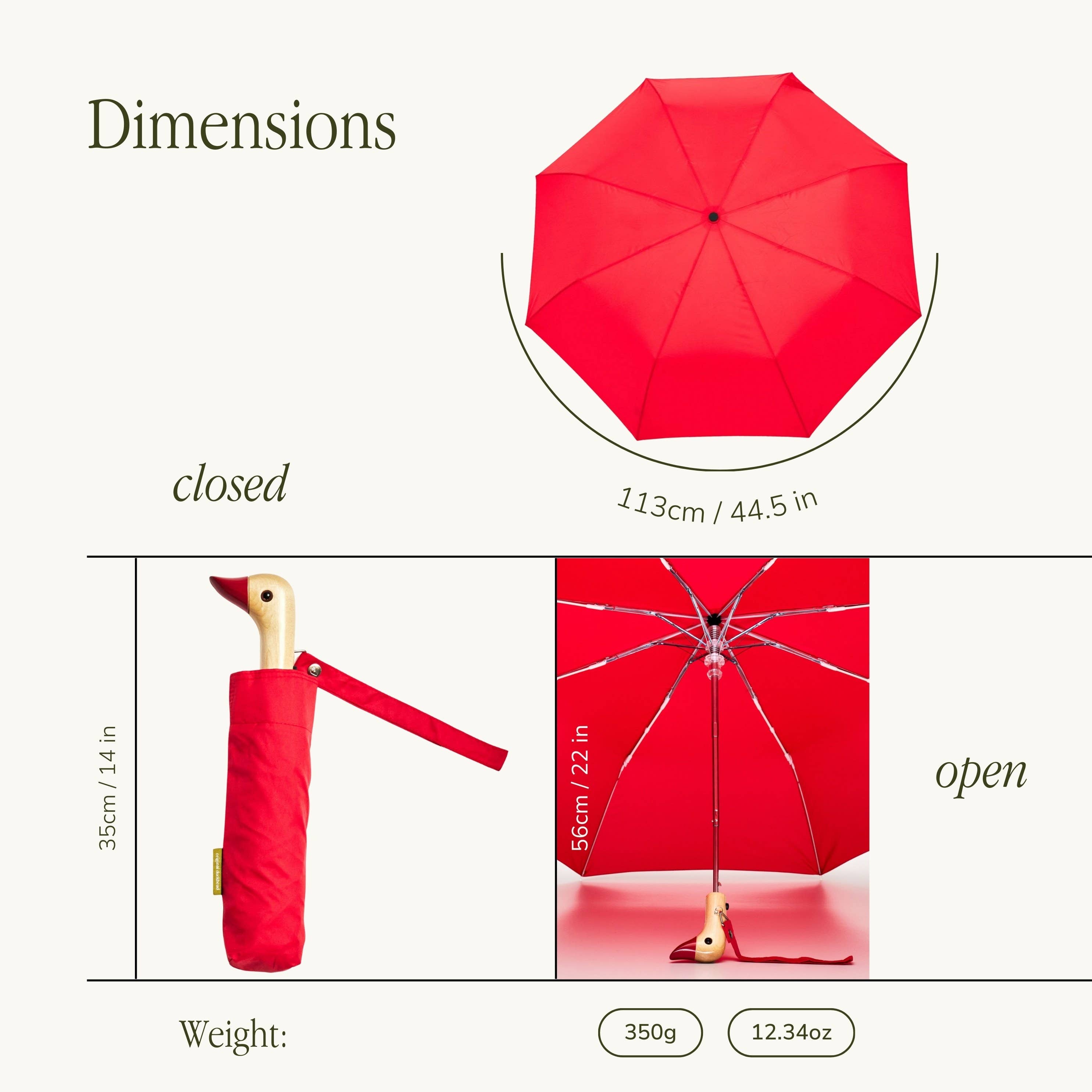 Dimensions of Original Duckhead Red Eco-Friendly Umbrella on a white background at Addison West