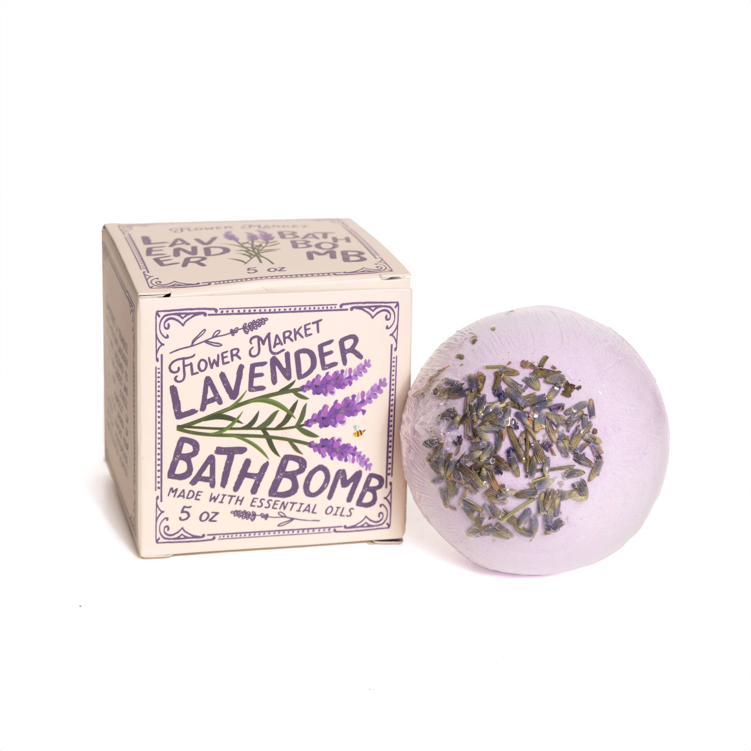 Lavender bath bomb by 123 farm with packaging on a white background