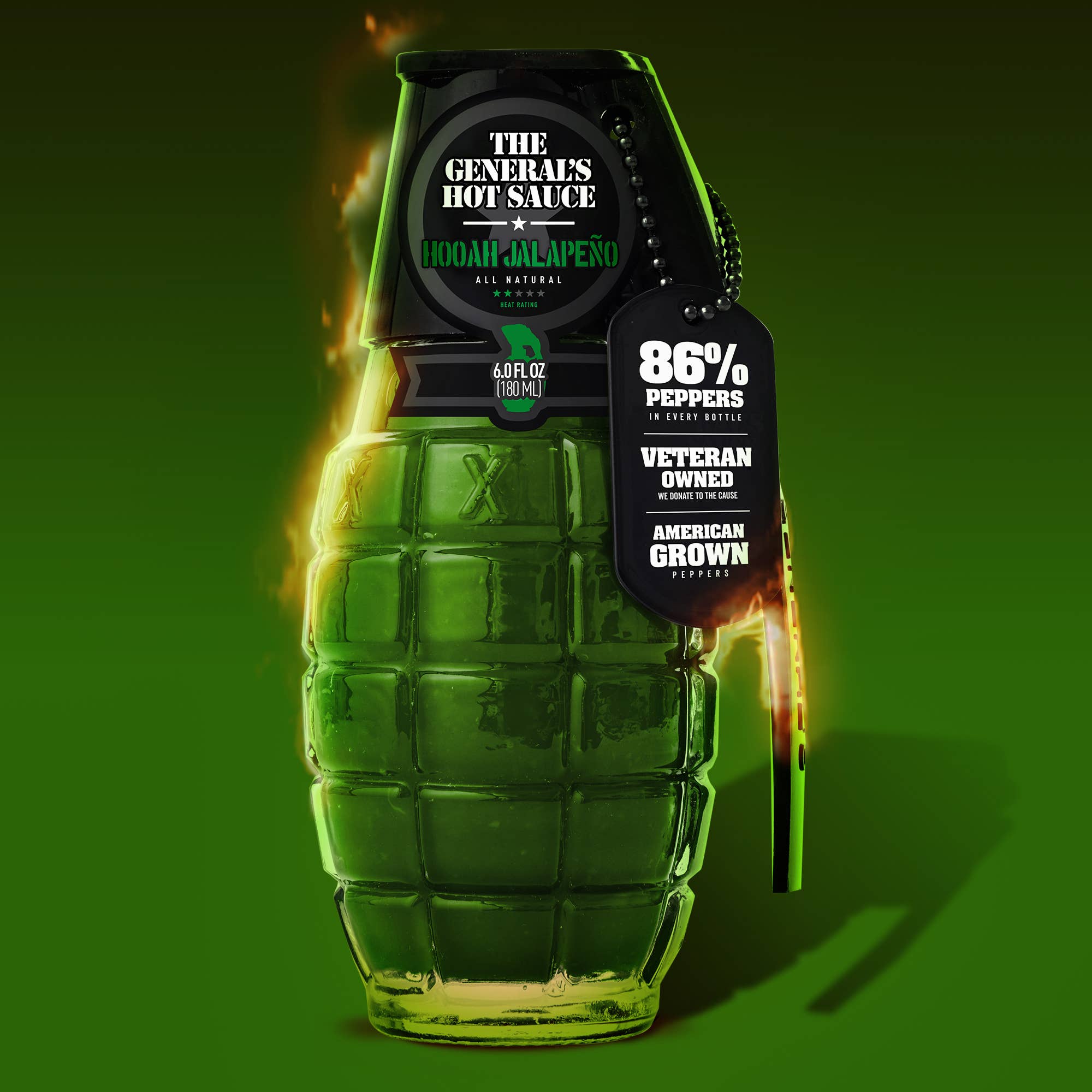 The General's Hot Sauce "HOOAH Jalapeño" on a green background at Addison West