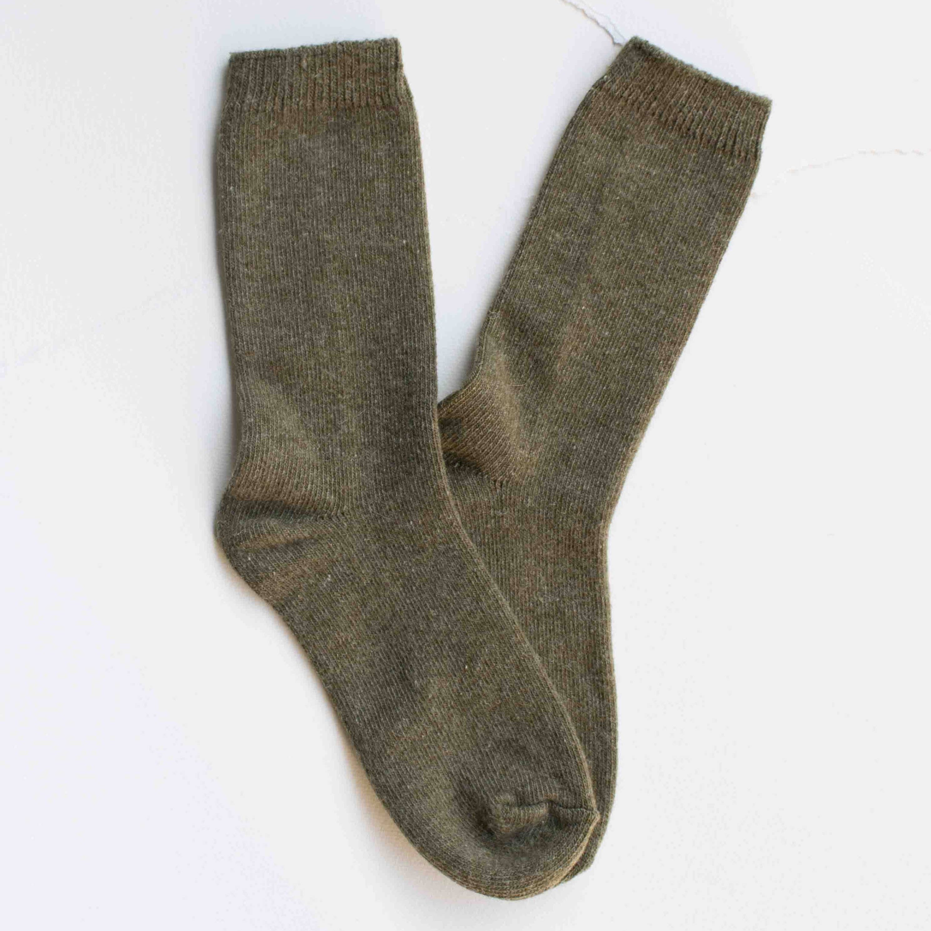Bright Winter Wool Cashmere Socks in Olive on a white background at Addison West