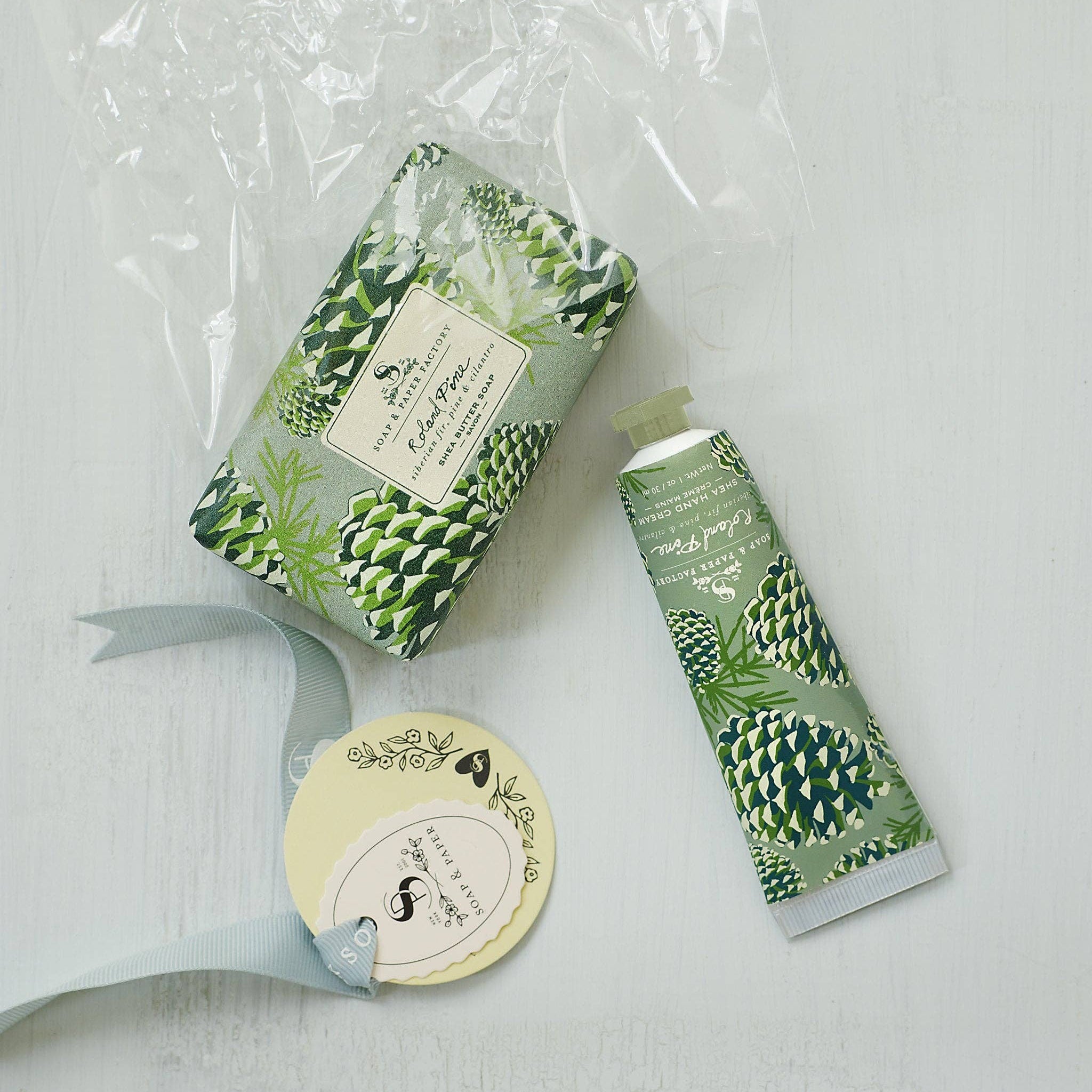 Roland Pine Hand Cream & Soap Gift Set on a white background at Addison West