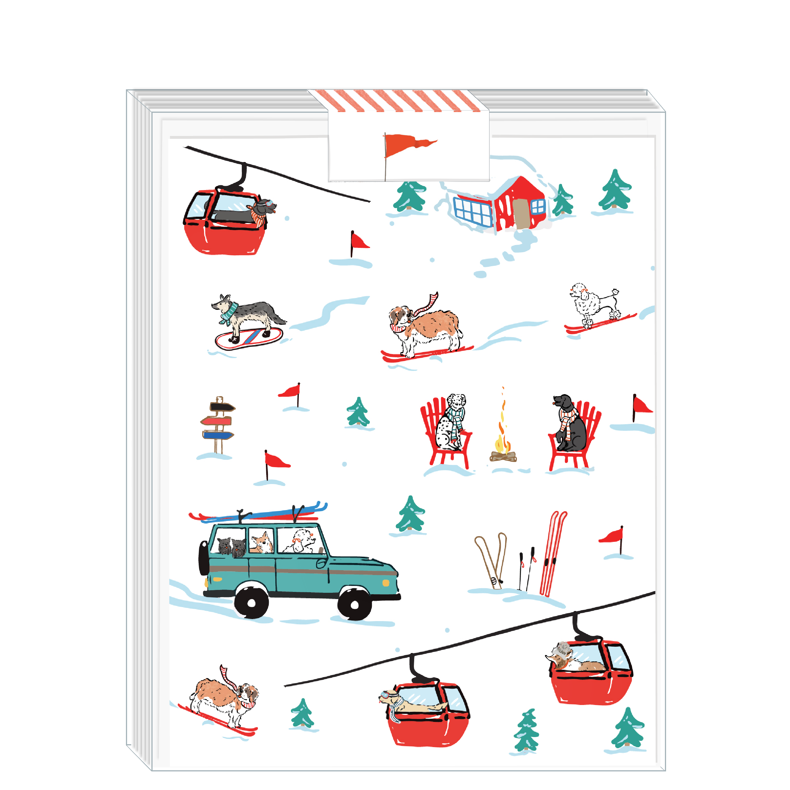 Boxed set of holiday cards with skiing dogs and gondolas