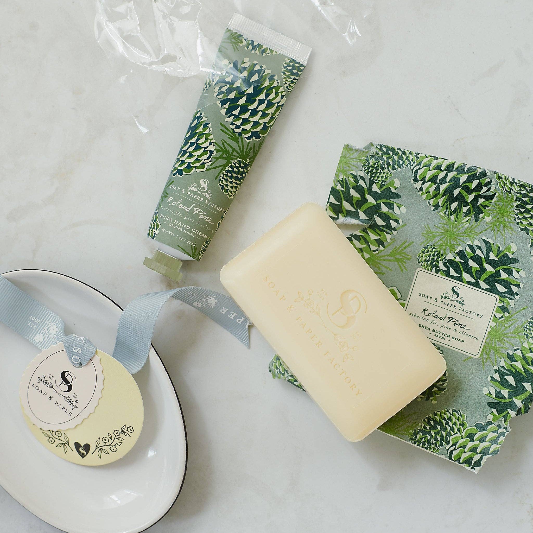 Roland Pine Hand Cream & Soap Gift Set on a white background at Addison West