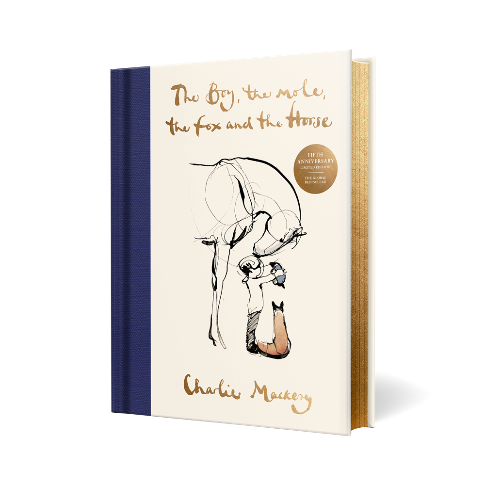 Book titled 'The Boy, the Mole, the Fox and the Horse' by Charlie Mackesy with illustrations on a white background.