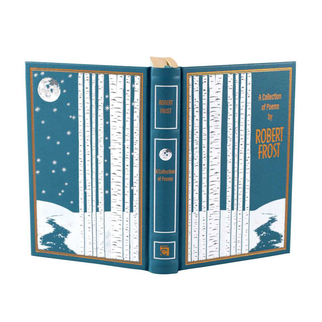 Book titled 'A Collection of Poems by Robert Frost' with a blue cover and white text.