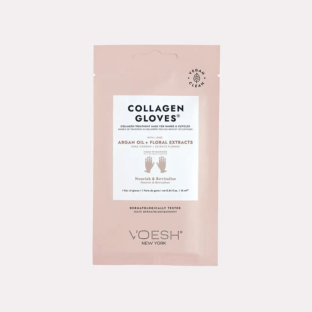 Collagen Gloves with Argan Oil & Floral Extracts on a pink background at Addison West