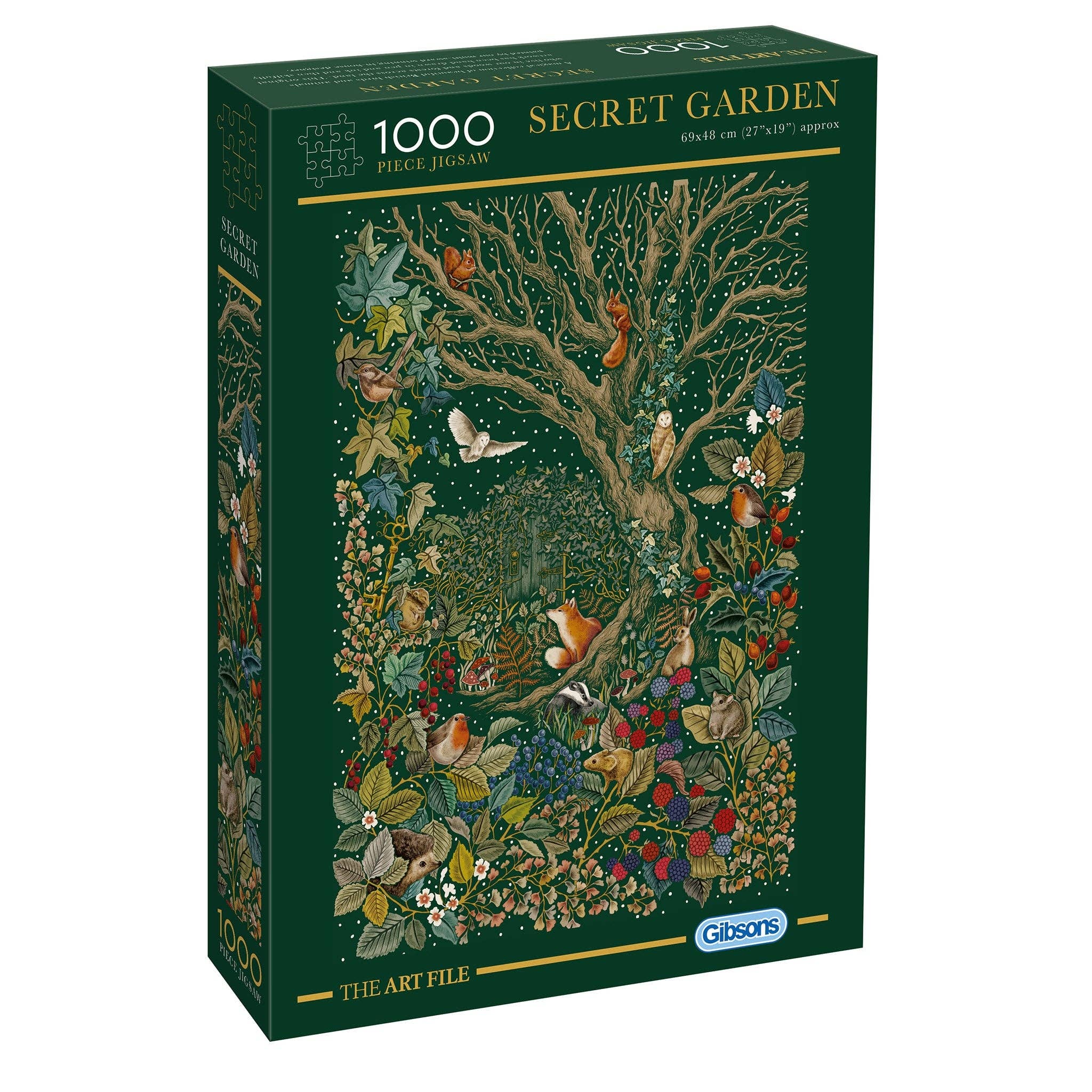 Jigsaw puzzle box titled 'Secret Garden' with a green background and intricate design.