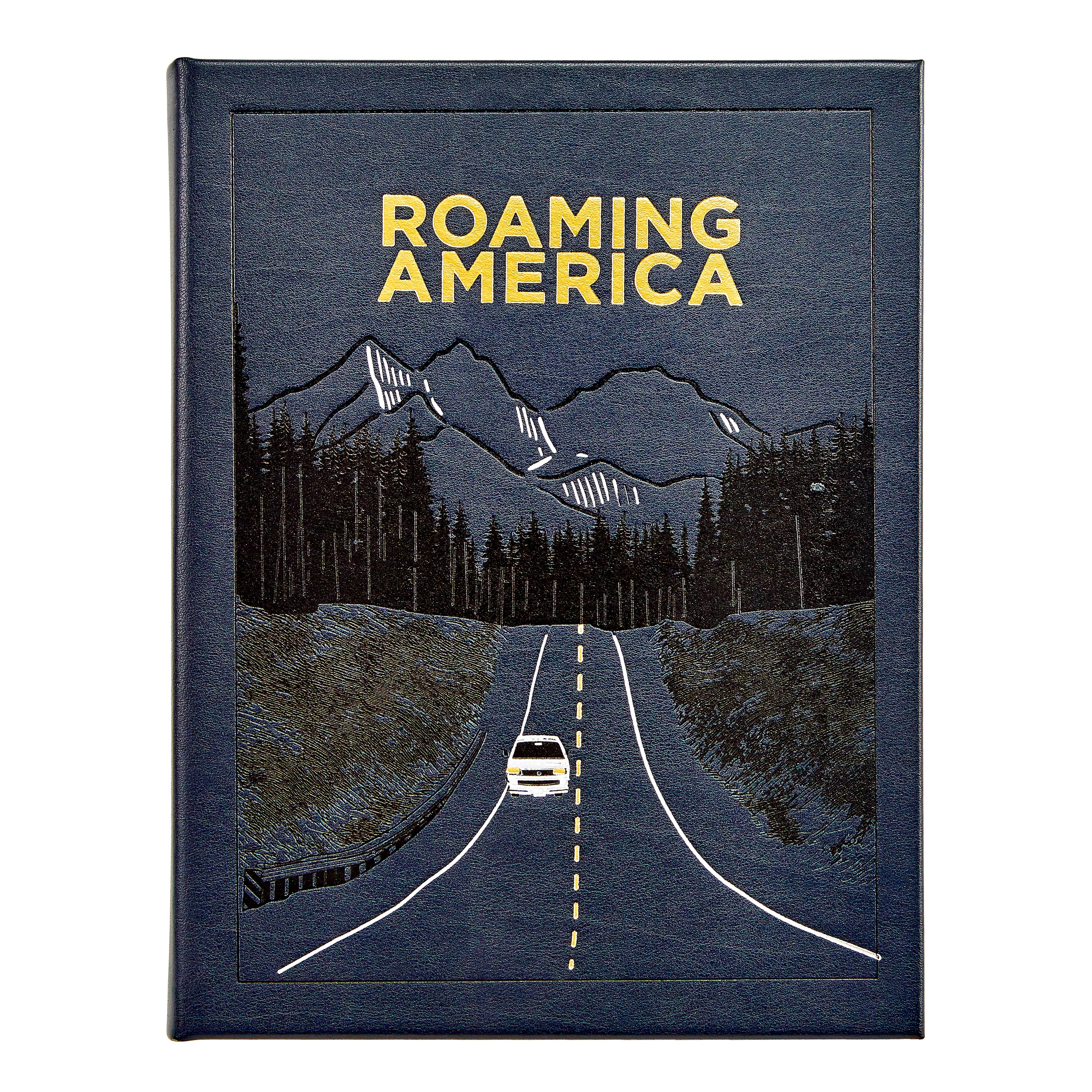 Book titled 'Roaming America' in leather by graphic image with a road and mountain design on the cover.