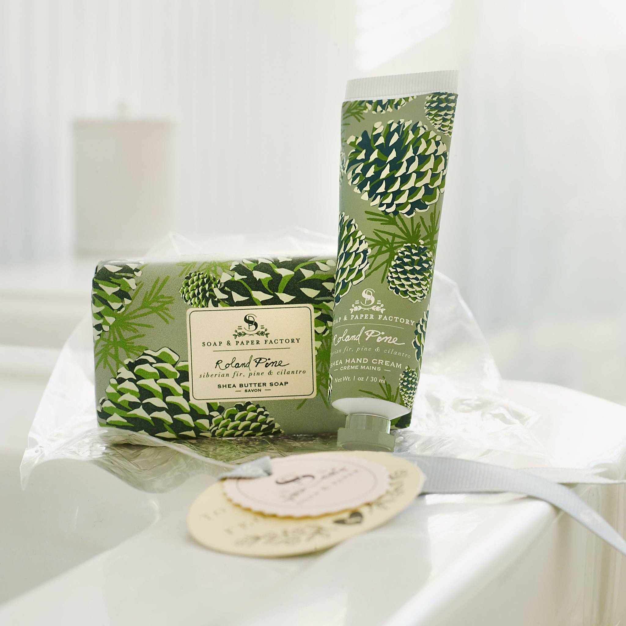 Roland Pine Hand Cream & Soap Gift Set on a white background at Addison West