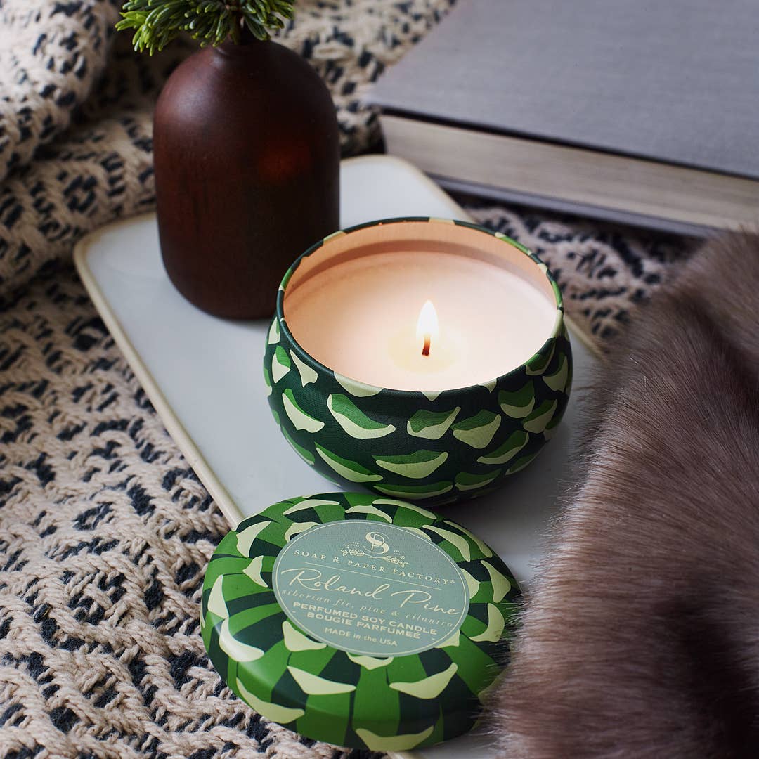 Roland Pine Small Tin Soy Candle on a grey background at Addison West
