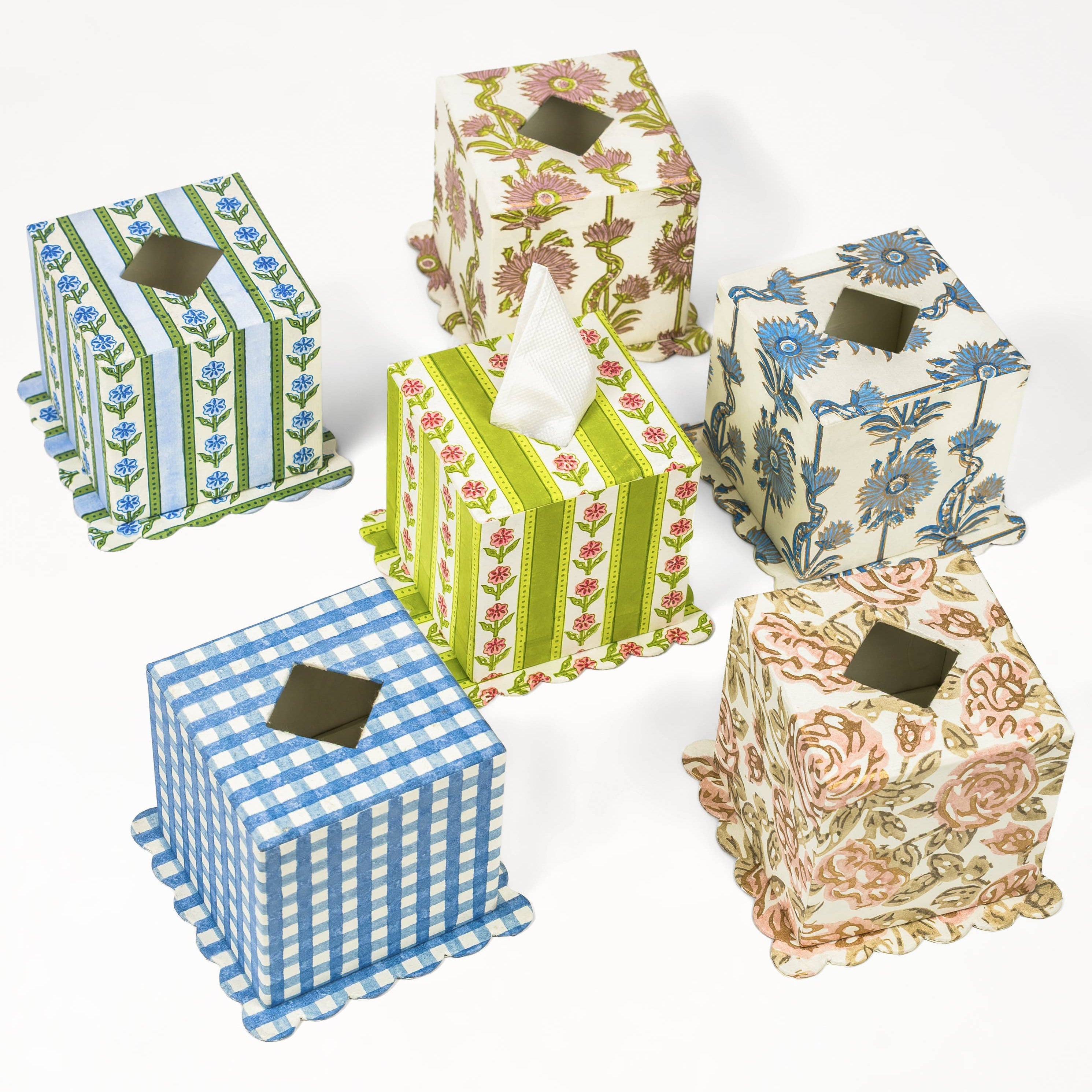 Hand block print tissue box covers on a white background at Addison West
