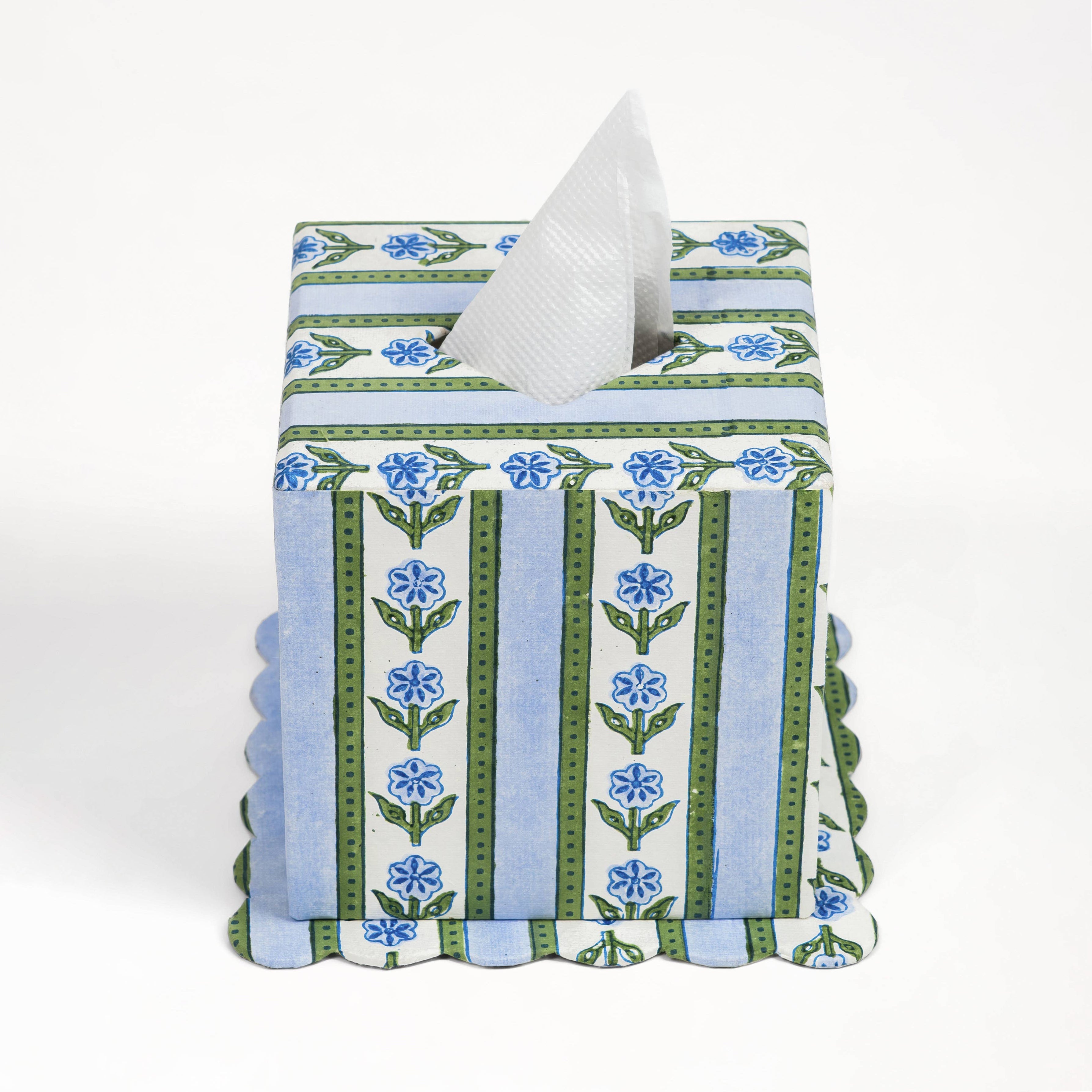 Cottage Garden Tissue Box Cover in Blue on a white background at Addison West