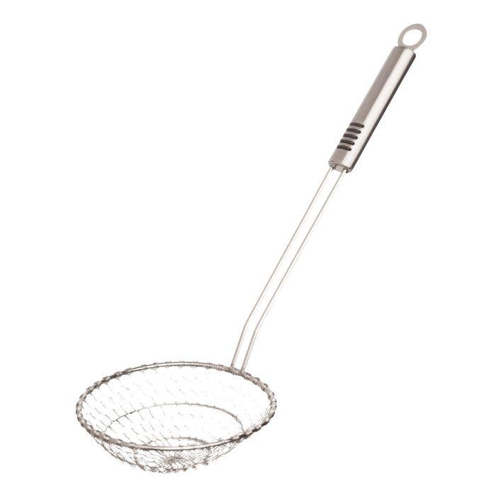 Metal strainer with handle on a white background