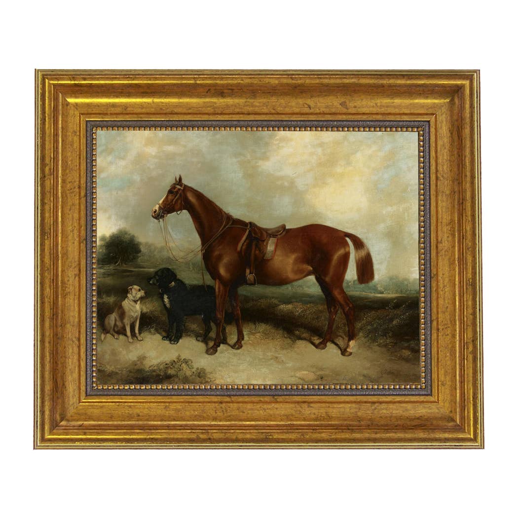 Chestnut Horse with Two Dogs Vintage Framed Print on a white background at Addison West