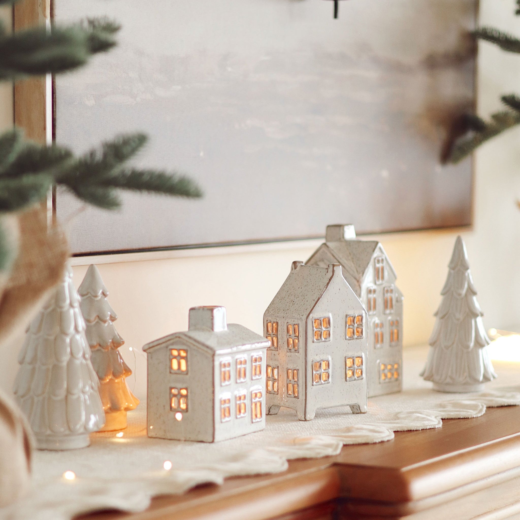 Birch Snowdrift Ceramic Tree on a mantel at Addison West