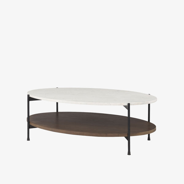 Oval Coffee Table with marble top and black metal base with wood shelf