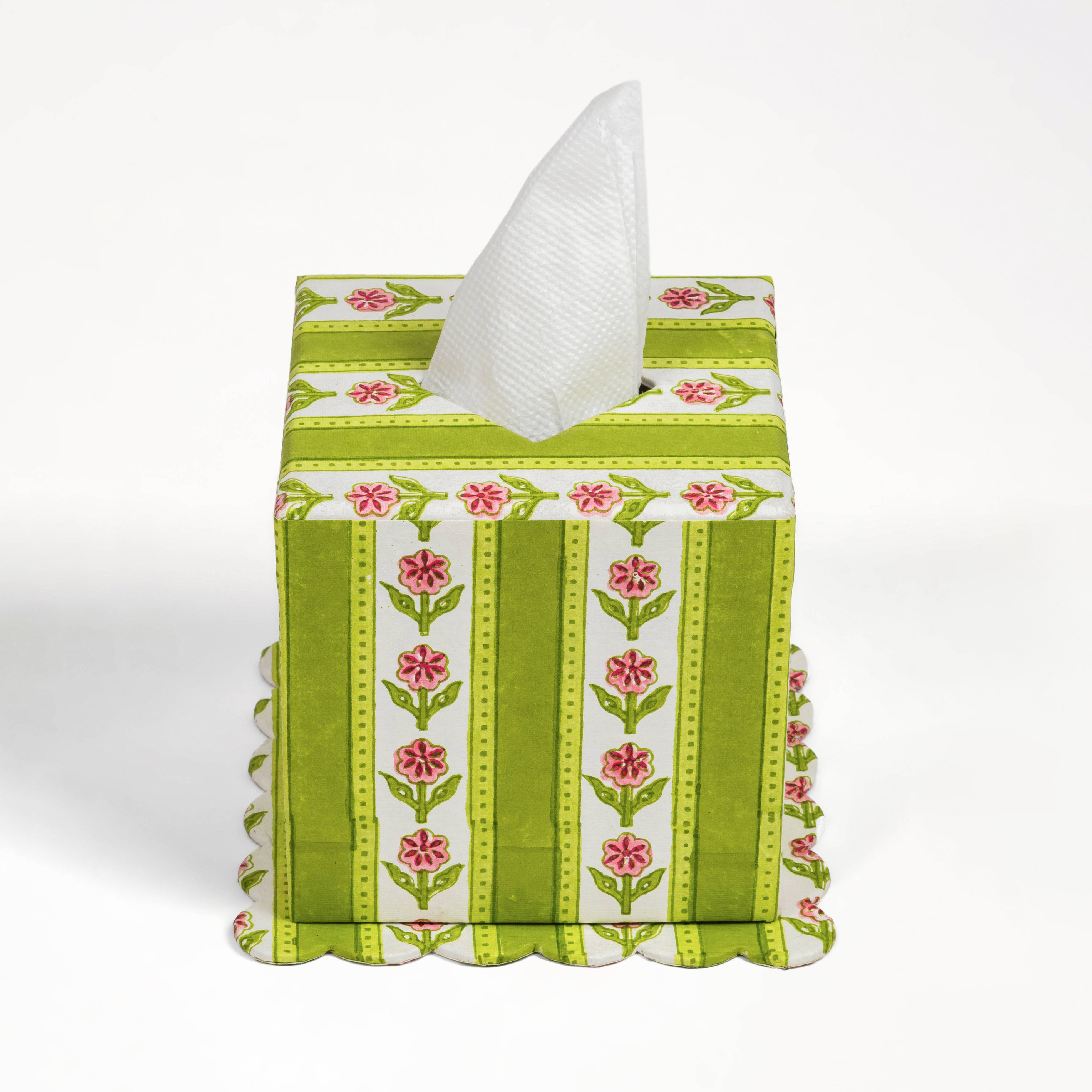 Cottage Garden Tissue Box Cover in Green on a white background at Addison West