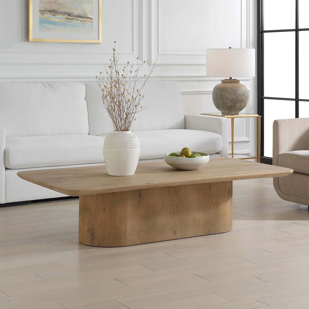 Calder Reclaimed Oak Coffee Table in a living room at Addison West