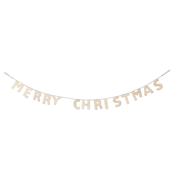 Felted wool garland with letters spelling out 'marry christmas" on a white background