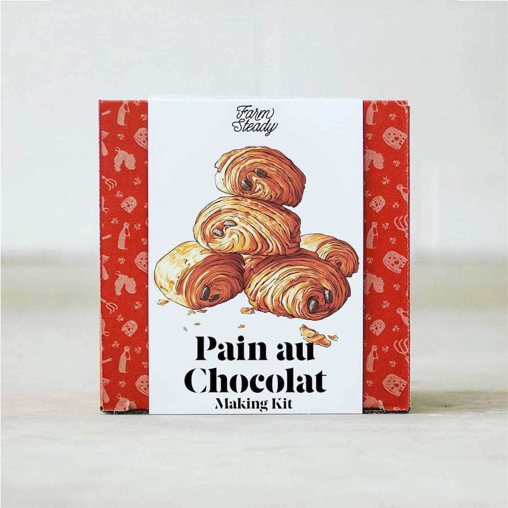 Box of Pain au Chocolat Making Kit with red and white design on a light background