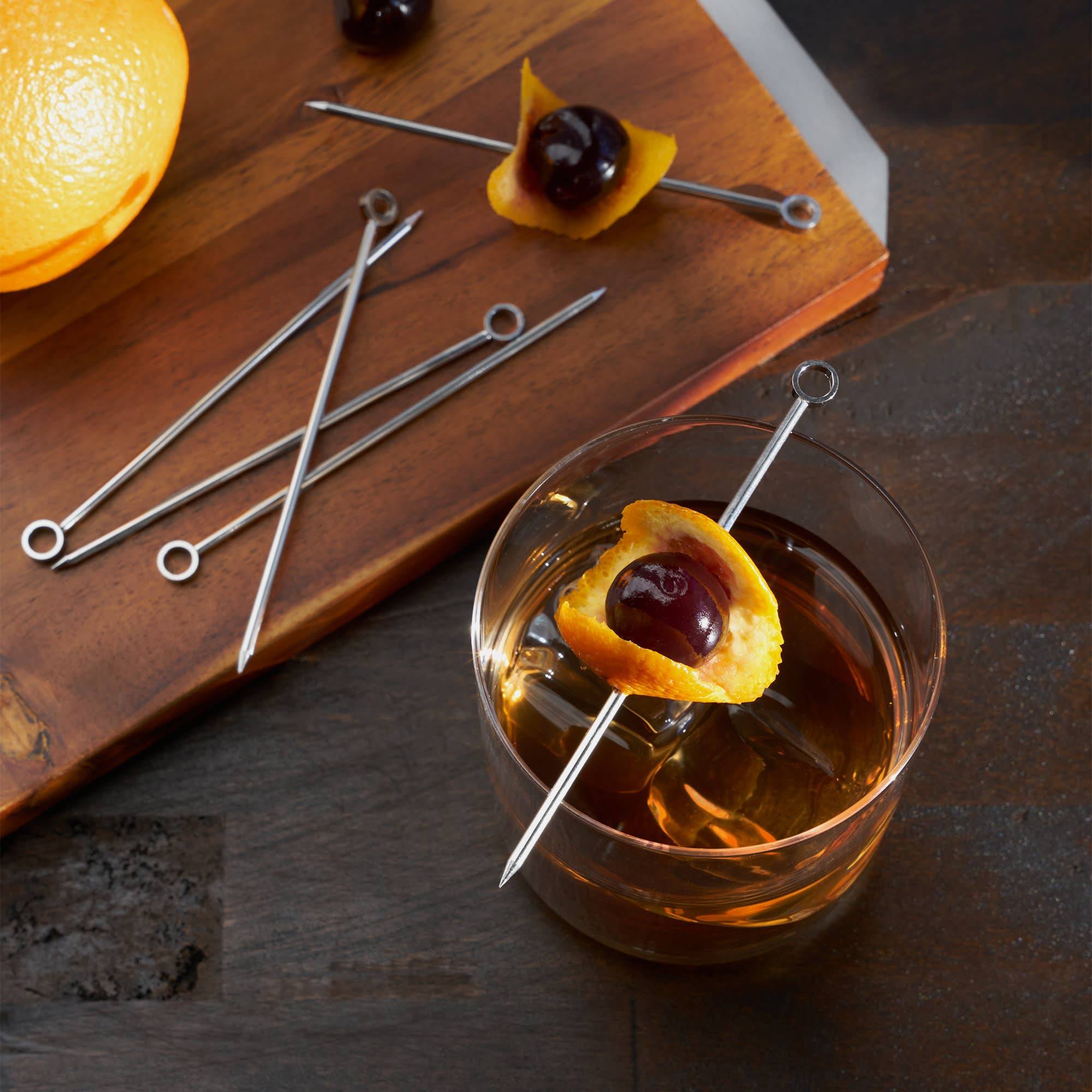 Harrison Reusable Stainless Steel Cocktail Picks on a table at Addison West