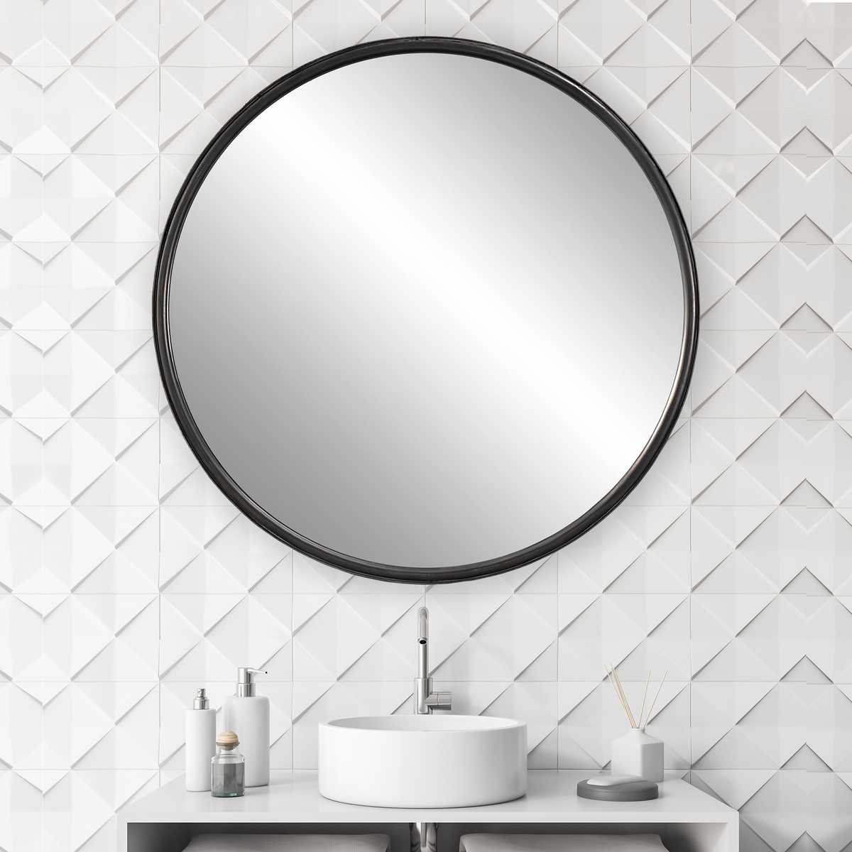 Dawsyn Round Mirror on a white bathroom wall at Addison West