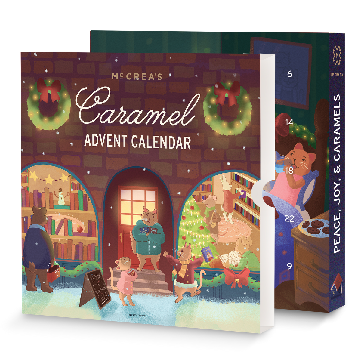 McCrea's caramel advent calendar with festive illustration of a cat family