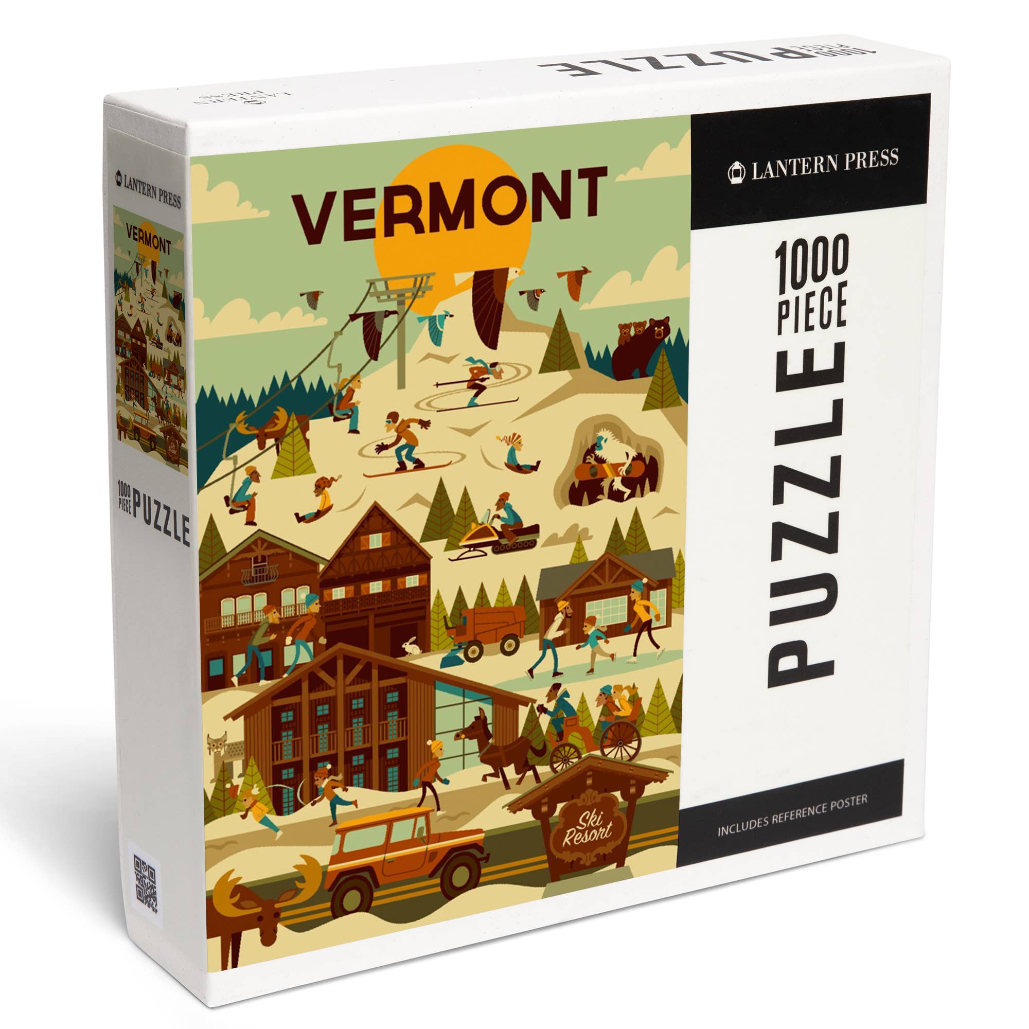 Puzzle box featuring illustrations of Vermont with 'Lantern Press' branding