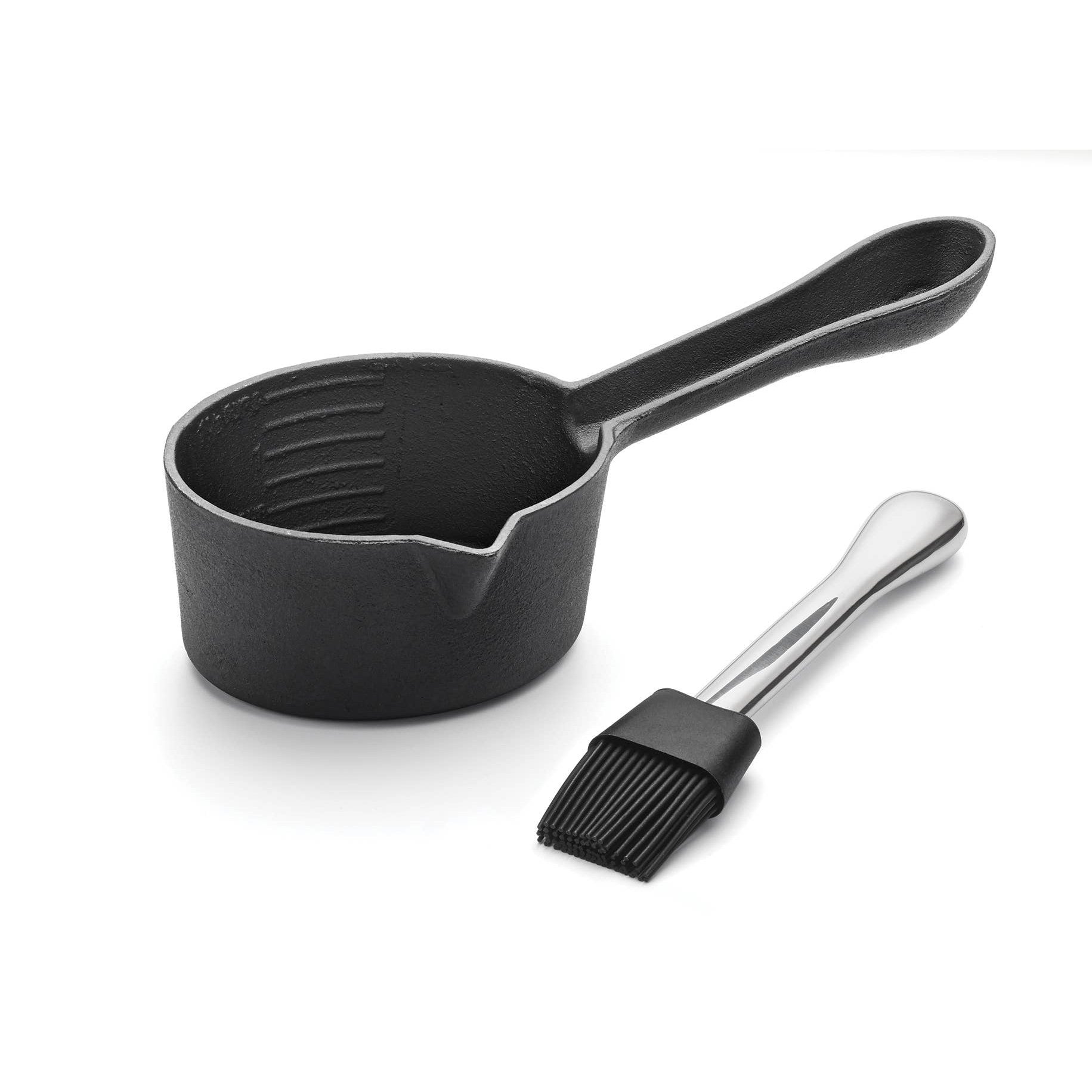 Cast Iron Sauce Pot with Basting Brush on a white background at Addison West