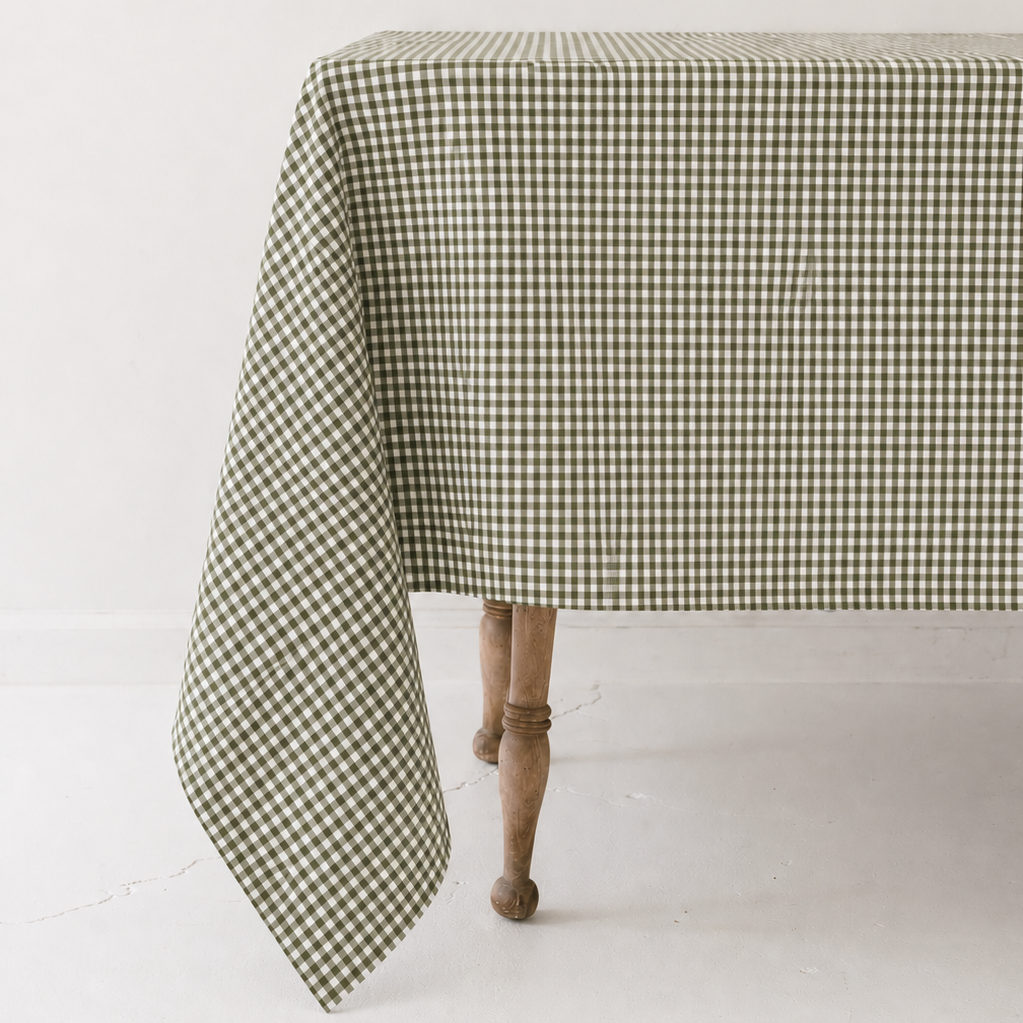 Olive Gingham Check Linen Tablecloth, 60" x 90" on a white background at Addison West