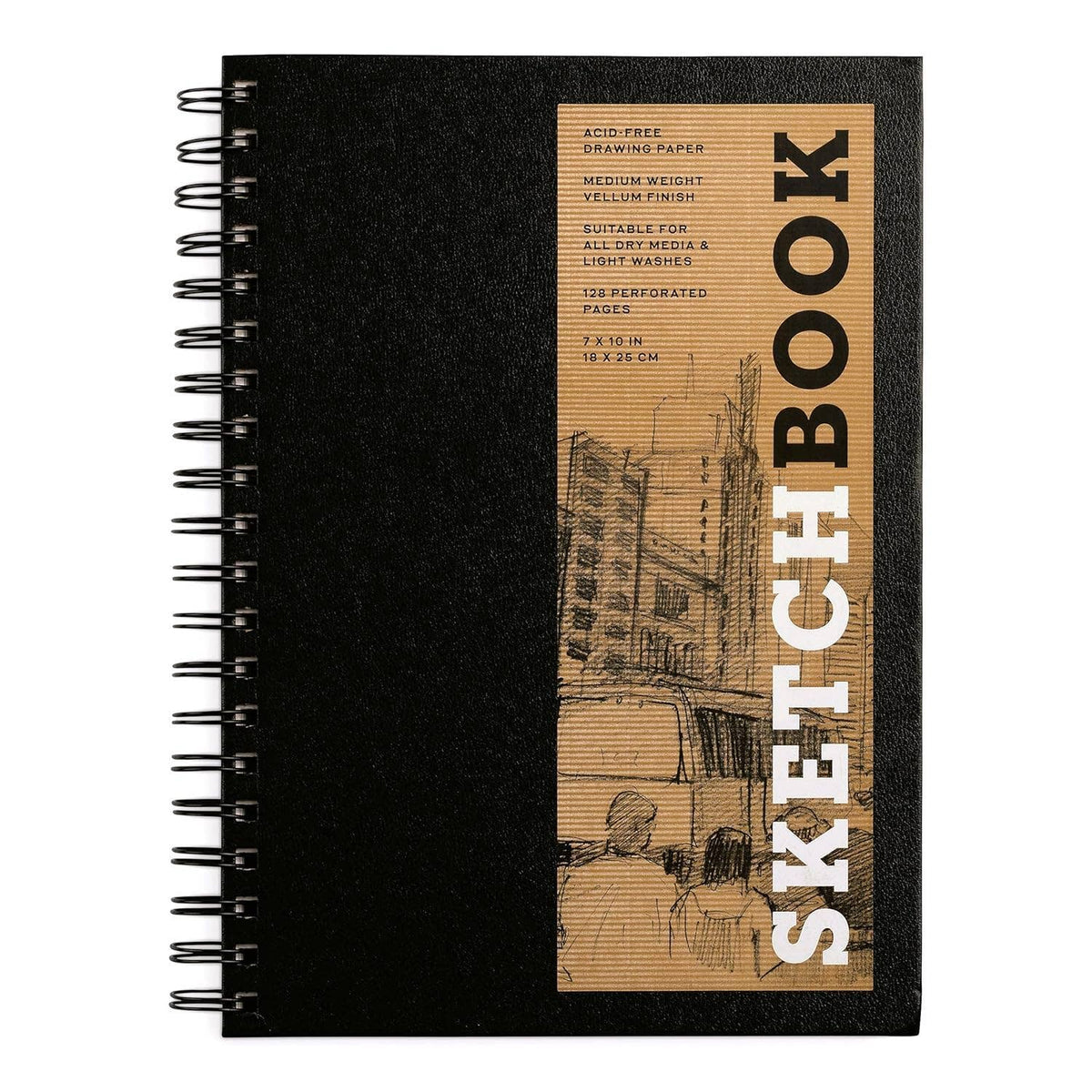 A black spiral-bound sketchbook with a tan paper label on the cover featuring an architectural sketch and the words 'SKETCH BOOK' in large vertical letters.