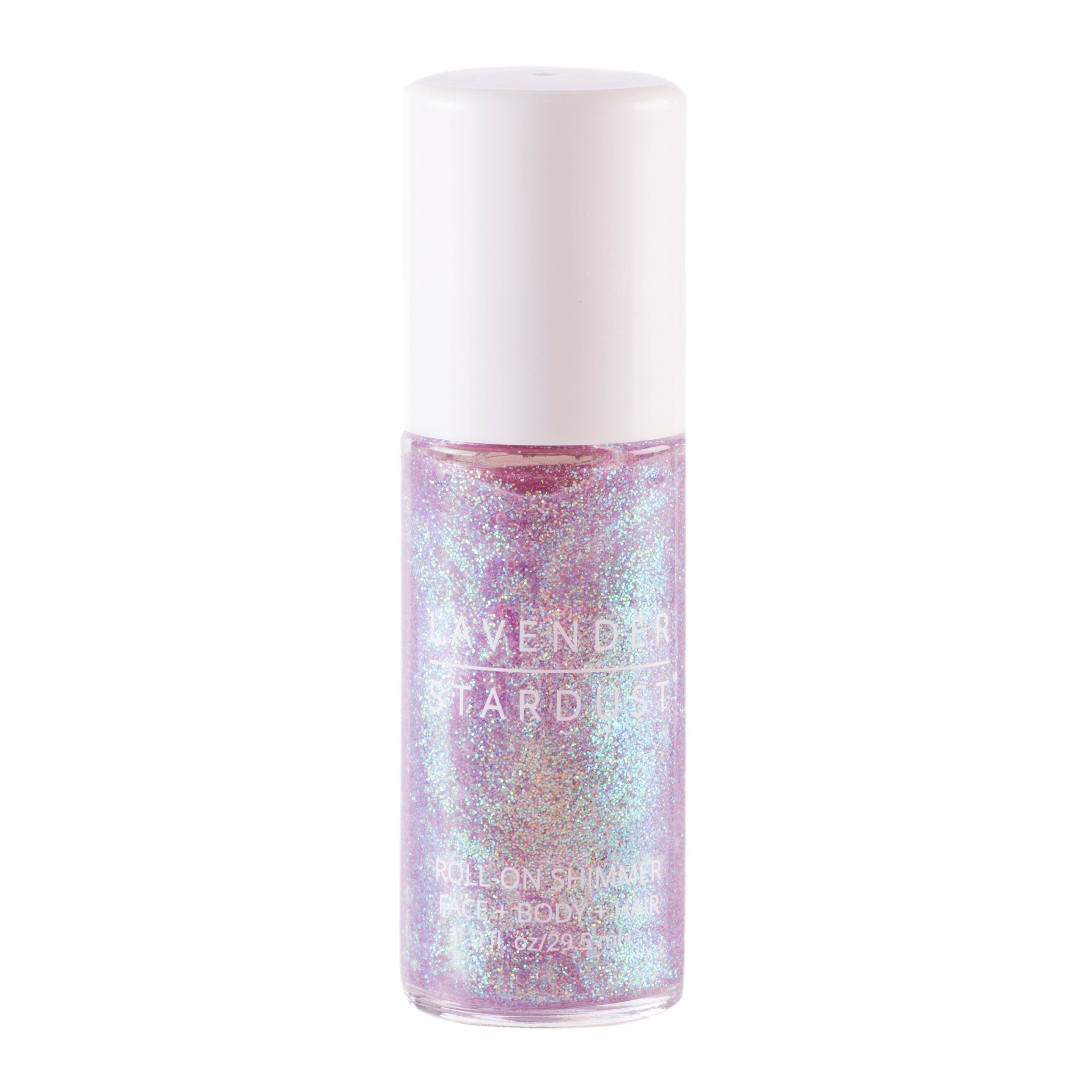 Bottle of lavendar stardust body glitter on a white background