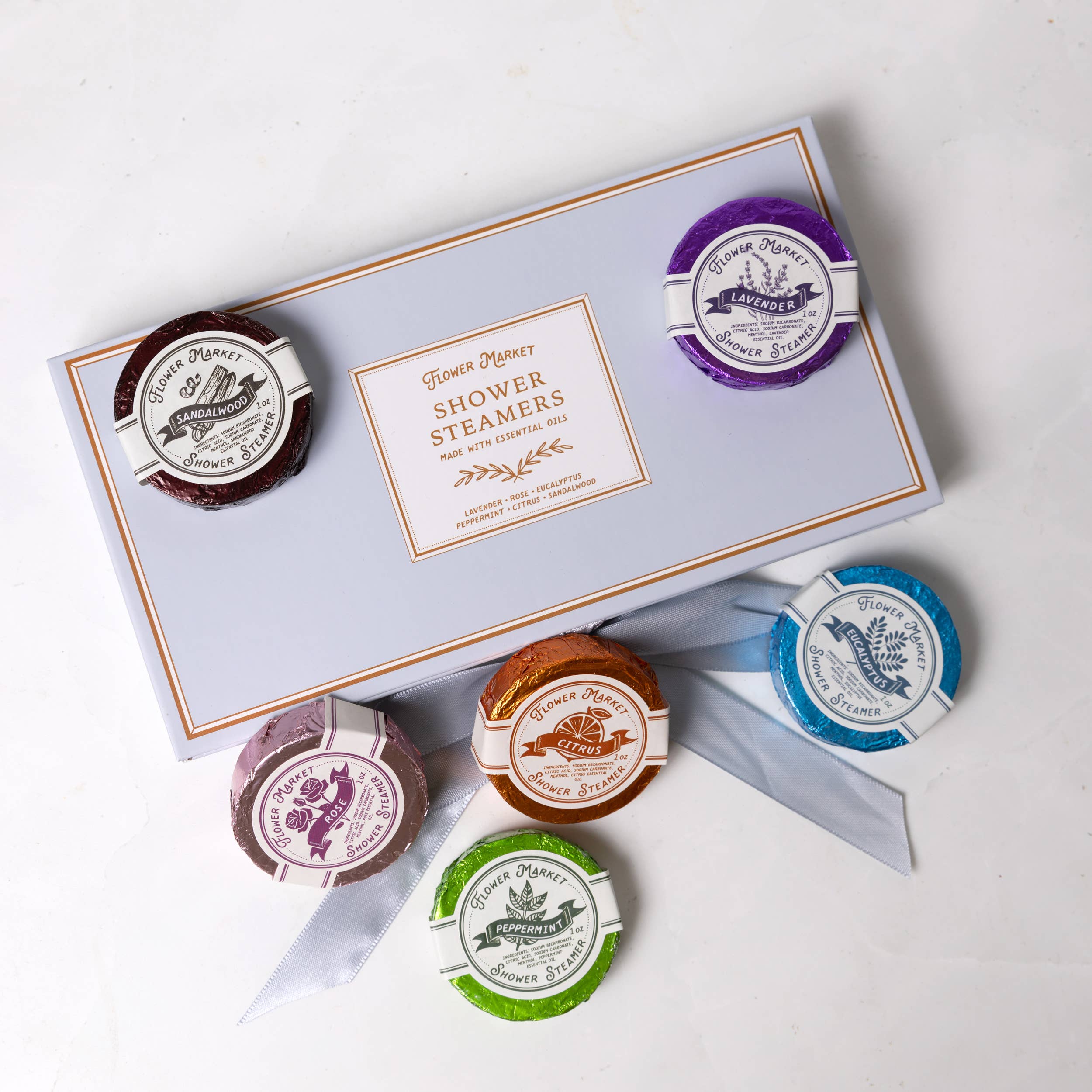 Flower Market Shower Steamers, Boxed Set of 8 on a white background at Addison West