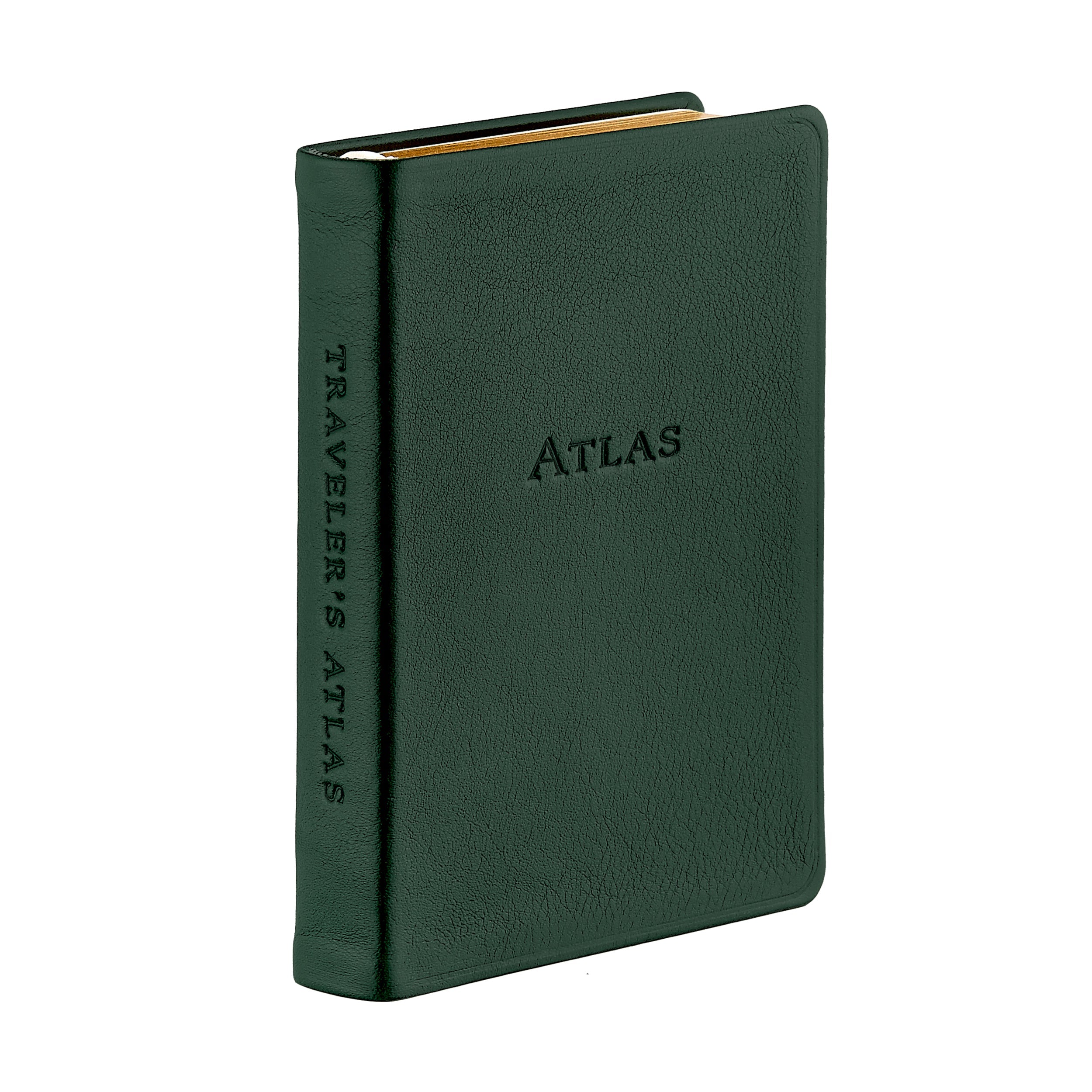 The Traveler's Atlas Green Leather on white background at Addison West.