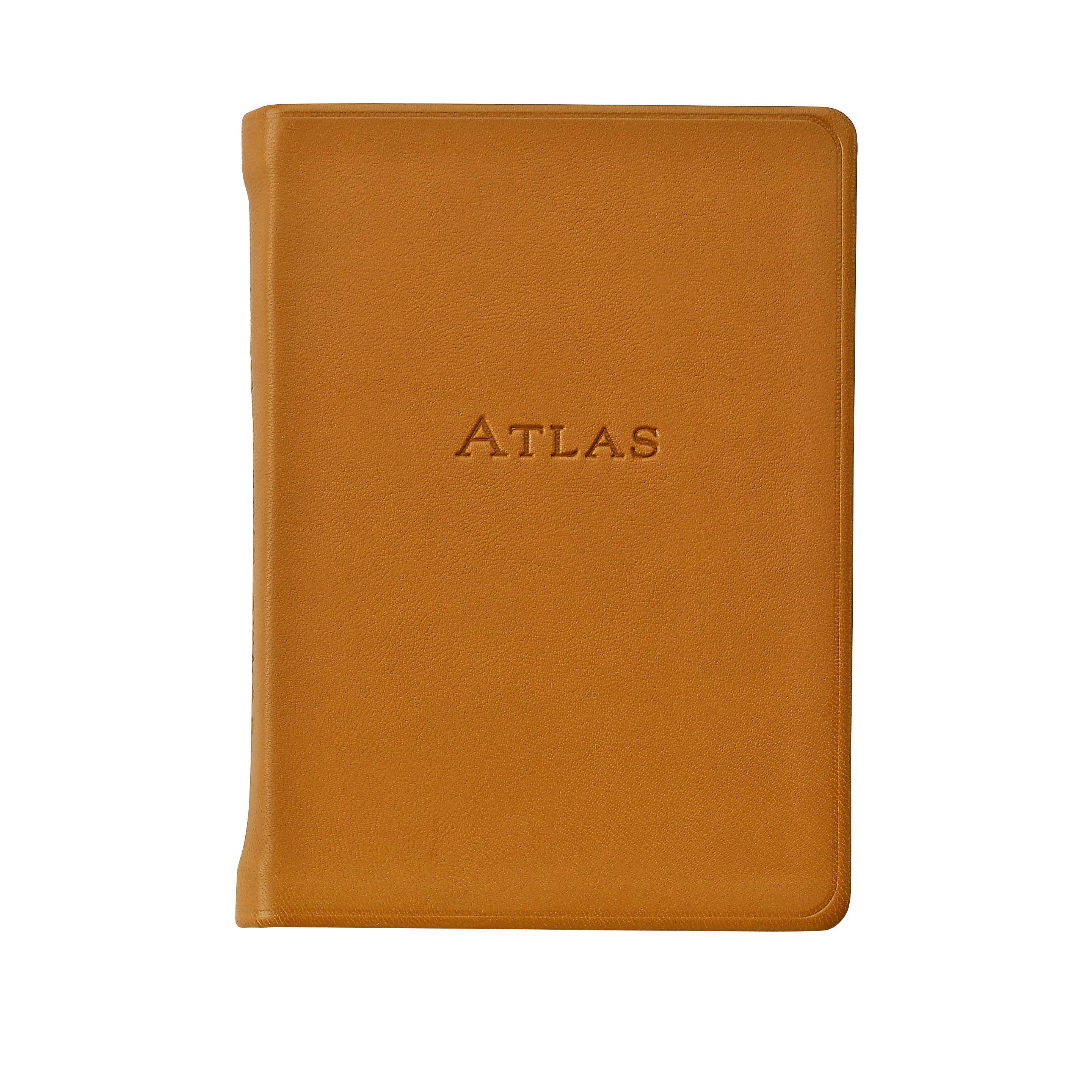 Graphic image Traveler's Atlas Cognac Leather on white background at Addison West.